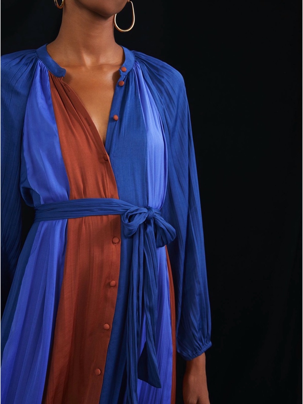 Anthropologie Maeve Medieval Blue and Rust Colorblock Tie-Waist Midi Dress Sz S - Picture 2 of 9